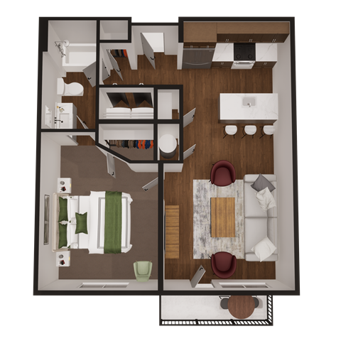 a 3d rendering of our 1 bedroom floor plan